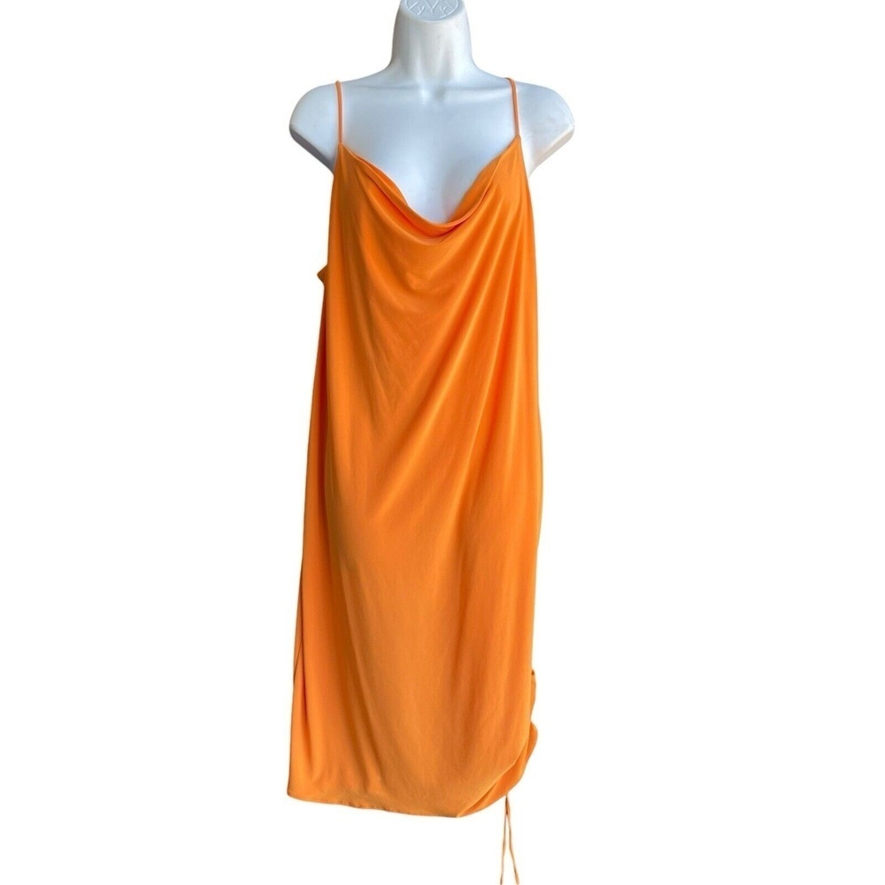 ZARA Knit Slip Midi Dress L Orange Draped Cowl-neck Cocktail Romantic Ruched Hem